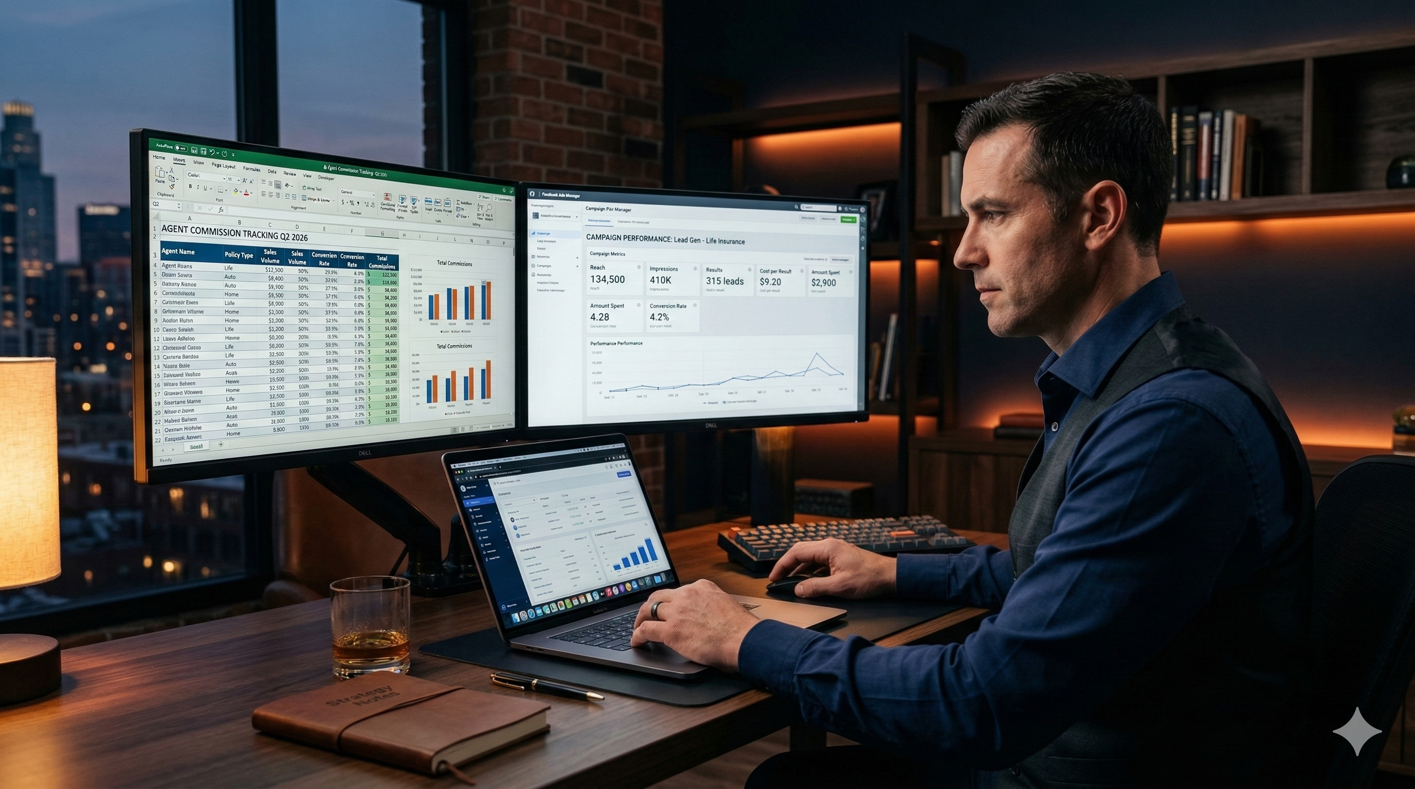 Life insurance agent analyzing lead conversion rates and cost per sale data